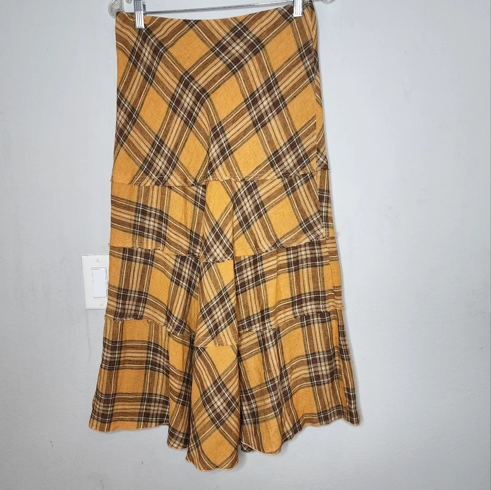 100% Linen Yellow Plaid Tiered Midi Maxi Skirt Women's Size 4 Made In USA